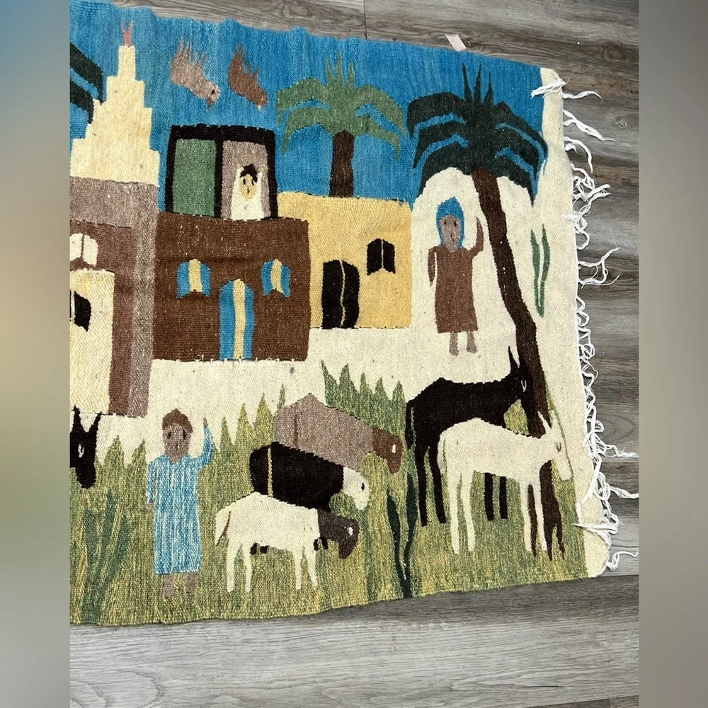 Egyptian Hand Woven Tapestry- 5 FT Wall Hanging-Folk Art Egypt-Wool Kilim Rug